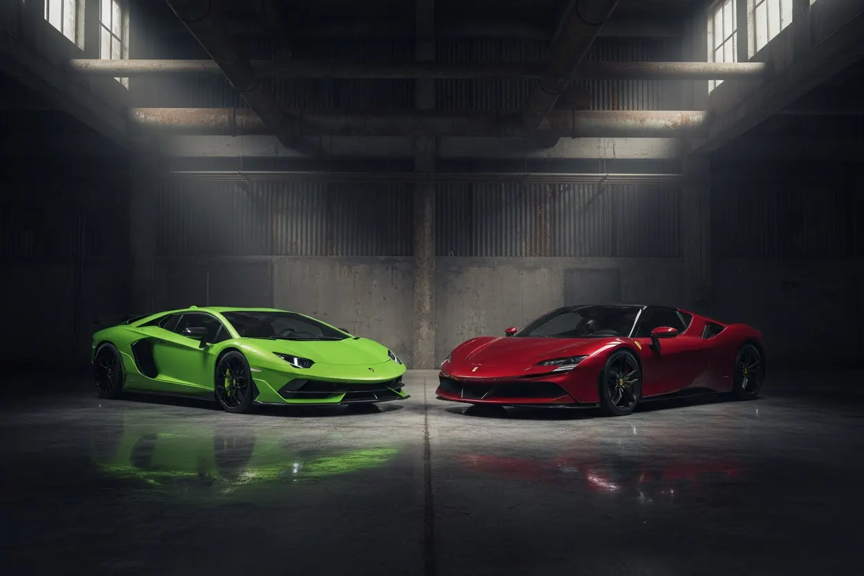 Lamborghini Huracán y Ferrari en el depósito de Motor House en Miami